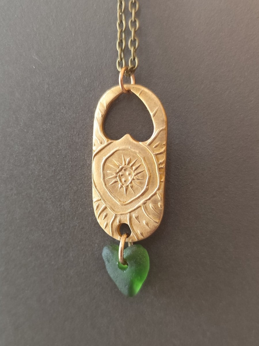 Bronze and seaglass pendant, unique, recycled material