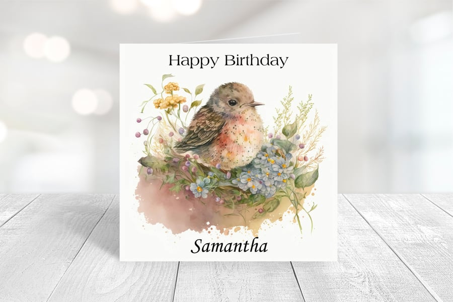 Personalised Spring Birds Birthday Card. Design 3