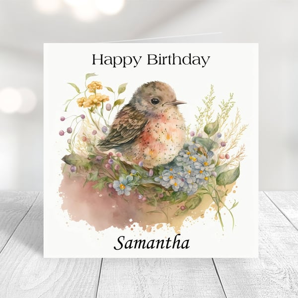 Personalised Spring Birds Birthday Card. Design 3