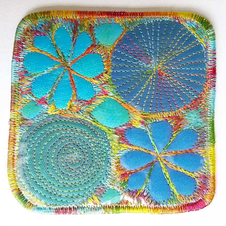 Coaster Drinks Mat Wipe Clean Hand Dyed Free Machine Embroidery Cork Backing
