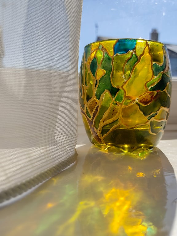 Stained glass effect painted candle holder with two spring willows in green 