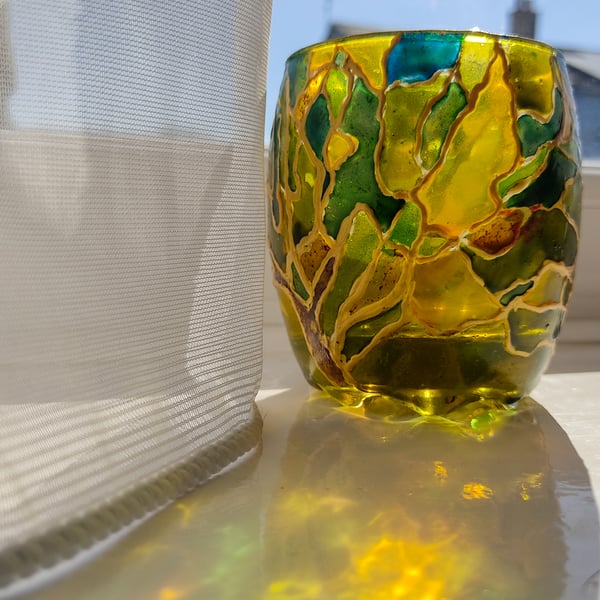 Stained glass effect painted candle holder with two spring willows in green 