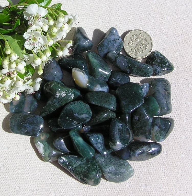 10 Green Moss Agate Crystal Polished Tumblestones, Chakra, Craft, Mosaic, Grid