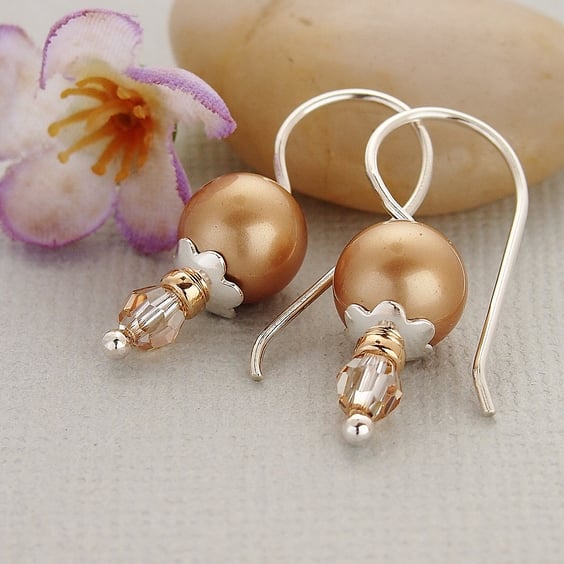 Gold Pearl Earrings - Swarovski Crystal - Sterling Silver