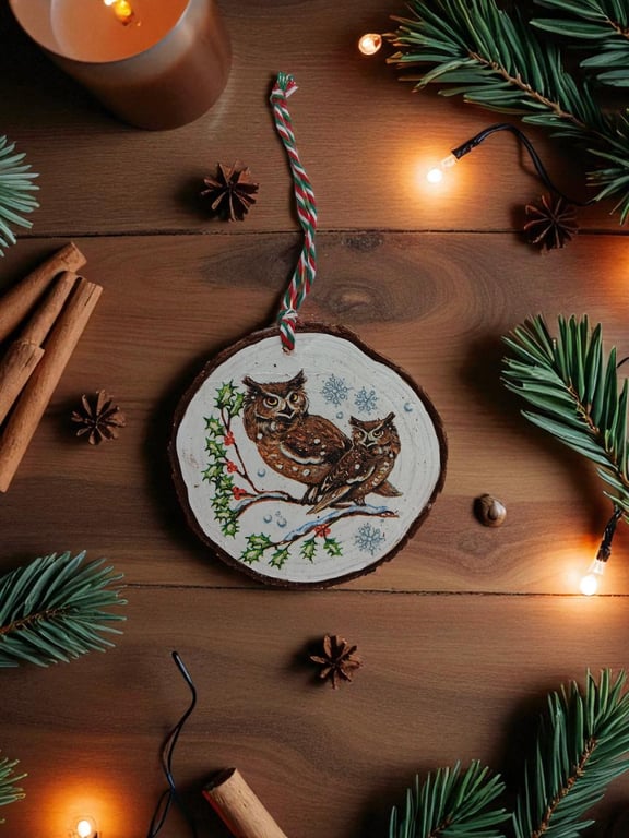 Owls and Snowflakes Round Wooden Christmas Decoration Tree Ornament