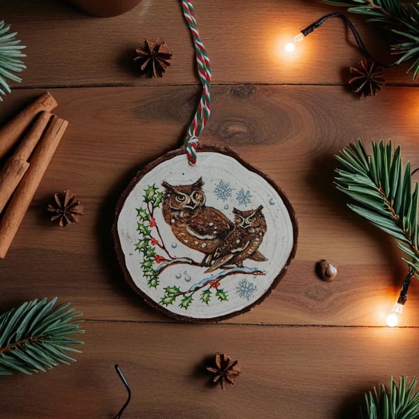 Owls and Snowflakes Round Wooden Christmas Decoration Tree Ornament