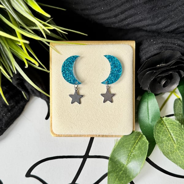 Crescent Moon and Star Stud Earrings