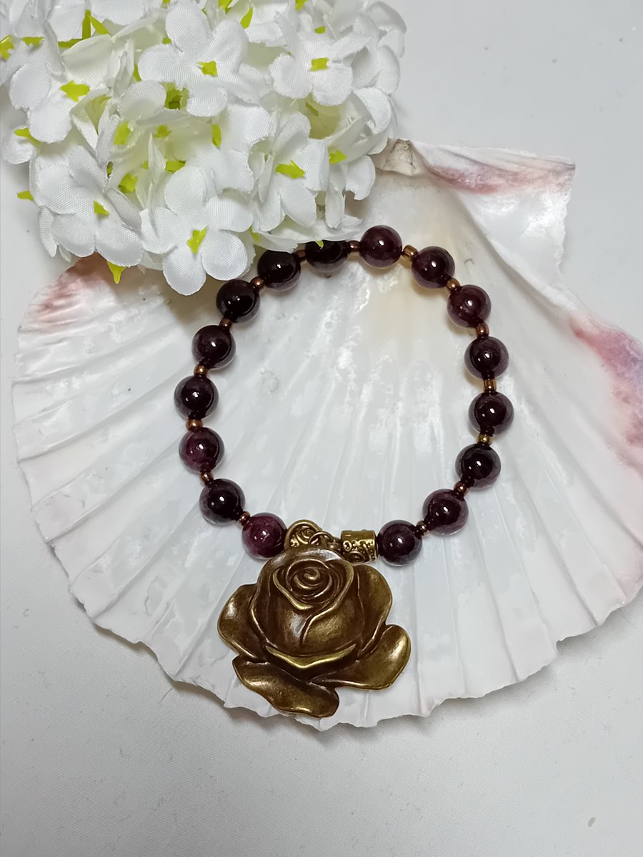 Garnet with Rose Charm Bracelet