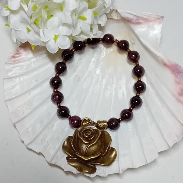 Garnet with Rose Charm Bracelet