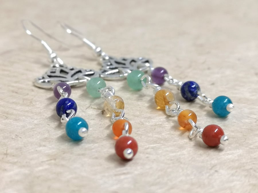 Chakra semi precious gemstone bead and lotus flower earrings