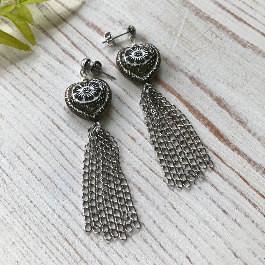 Dark Grey Black Heart Earrings With Chain Tassel, Edgy Heart Earrings 