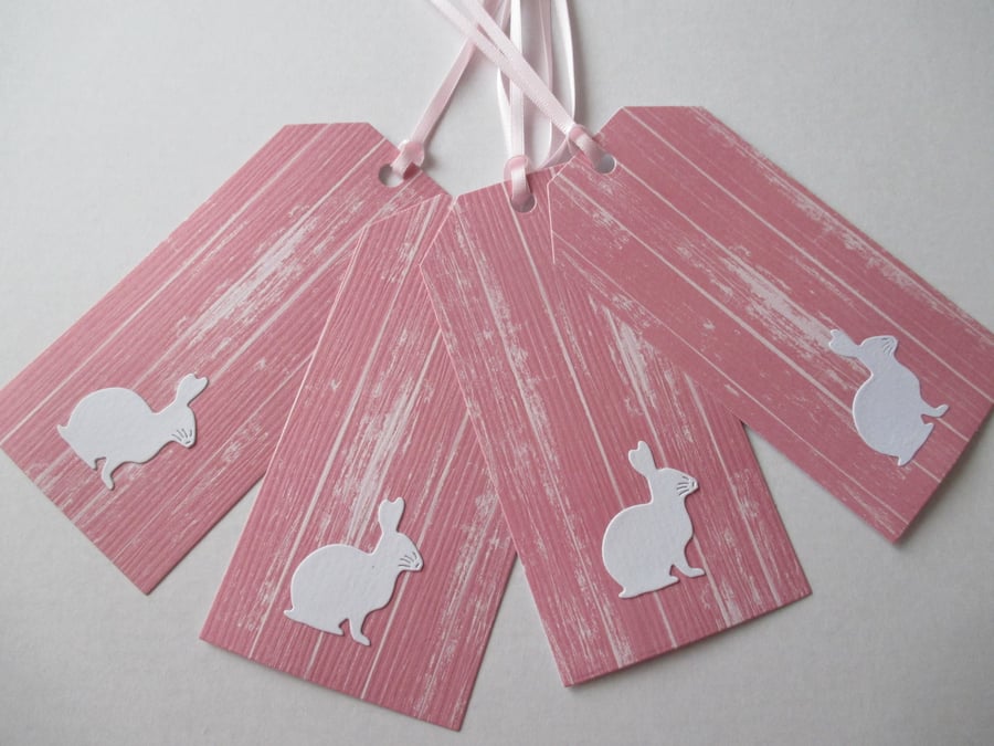 Gift Tag x 4 Bunny Rabbit Present Pink White New Baby Girl Birthday