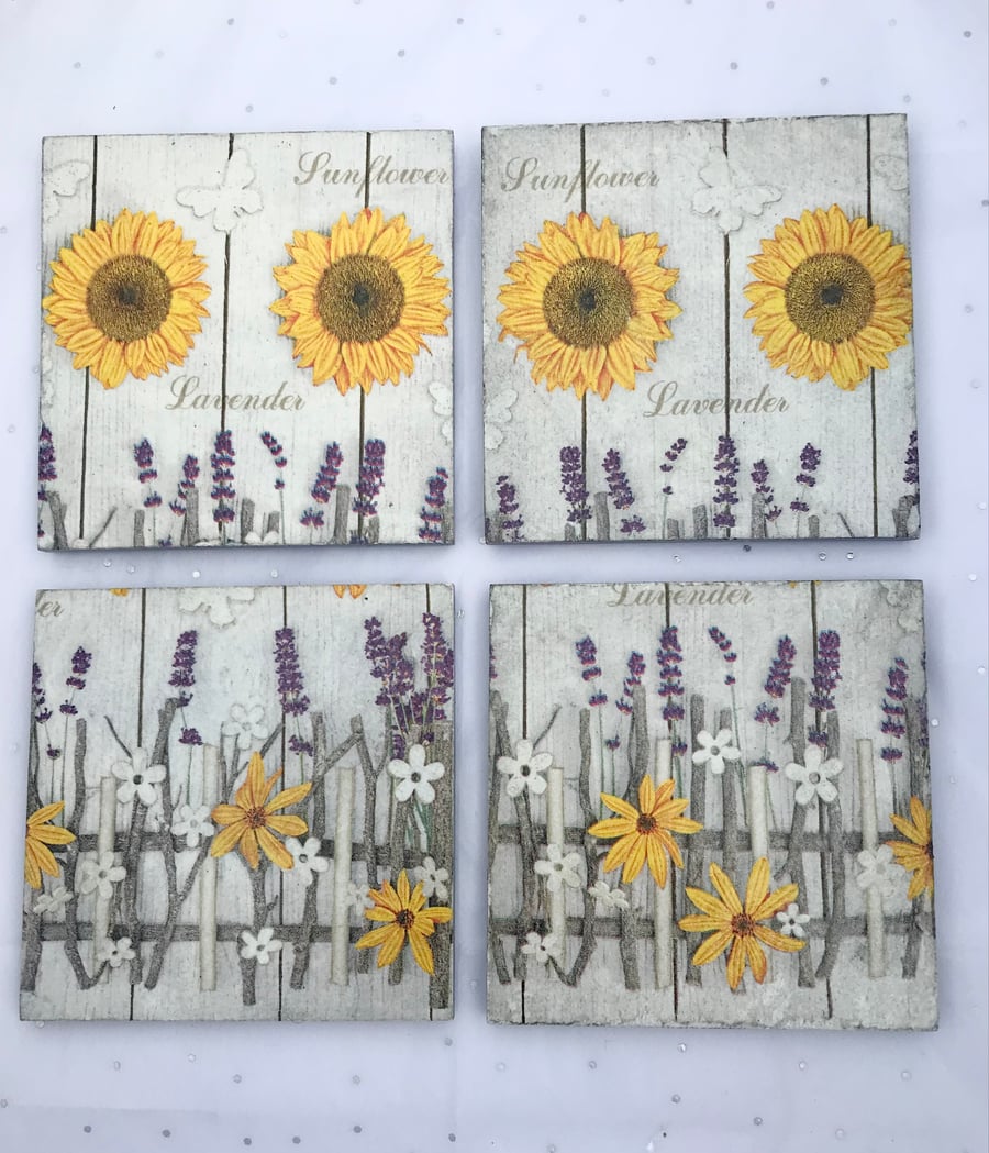 Set of 4 slate coasters- Sunflowers and lavender. 