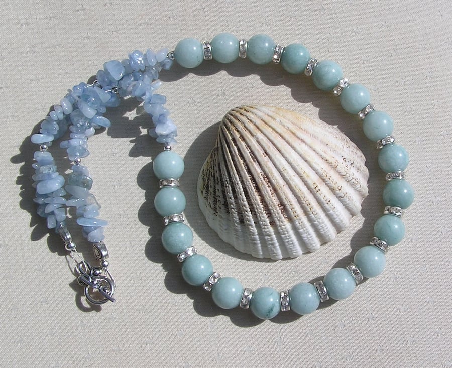 Aquamarine Crystal Gemstone Beaded Statement Necklace "Angels Wishes"