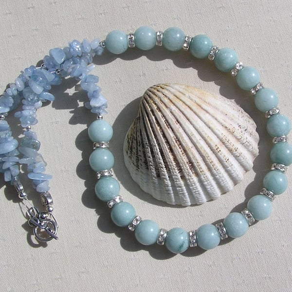 Aquamarine Crystal Gemstone Beaded Statement Necklace "Angels Wishes"