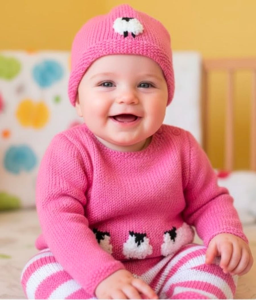 Sheep Knitting Pattern for Baby sweater trousers and hat outfit. Digital Pattern