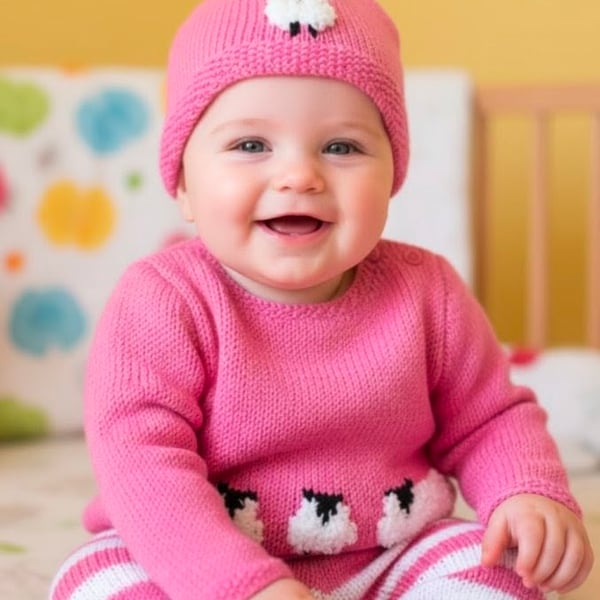 Sheep Knitting Pattern for Baby sweater trousers and hat outfit. Digital Pattern