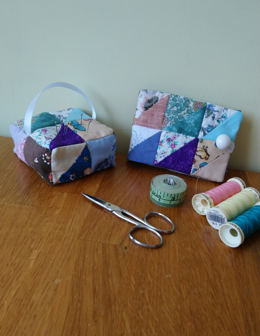 Needle case and pin cushion in matching patchwork, useful gift for crafter. 
