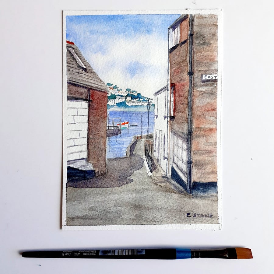 Small 5 x 7 inch watercolour, Fore Street, Polruan, Cornwall