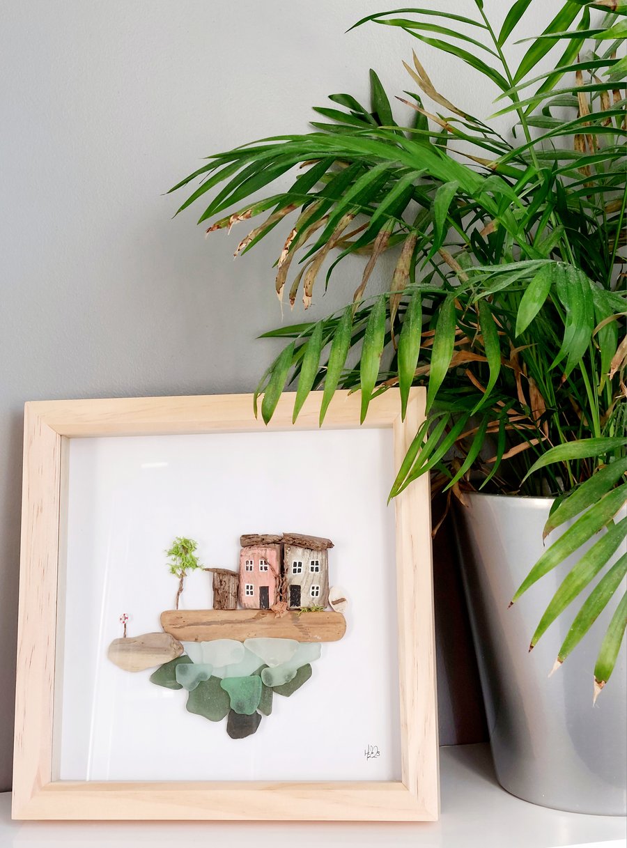 Driftwood & Sea Glass Coastal Scene, white framed sea glass artwork