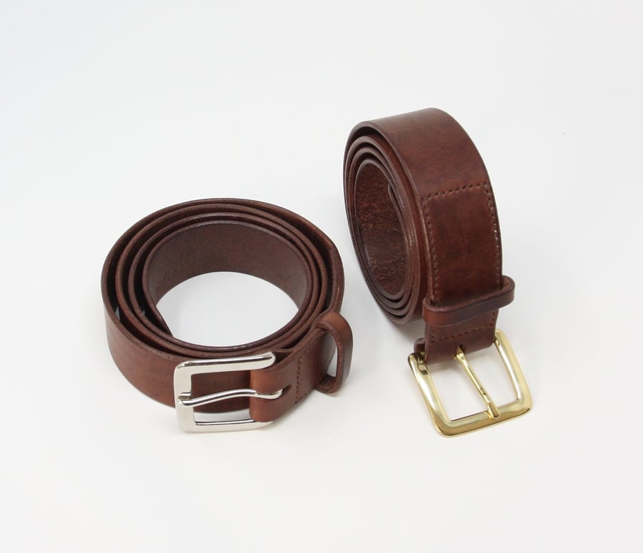 1.5" wide brown leather belt; Italian leather; solid brass buckle