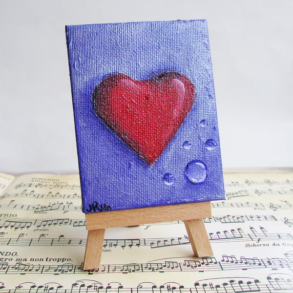 Small Heart Canvas on Easel for desk or shelf, Valentines Gift desk top art.