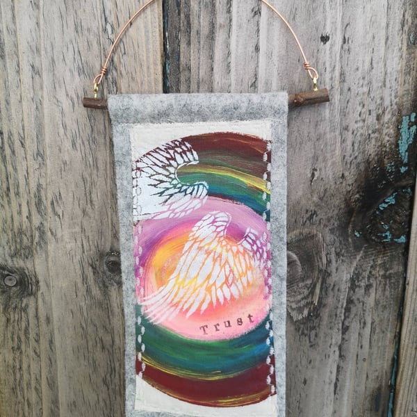 Colourful angel wing wall hanging with positive word, positive art, angelic art