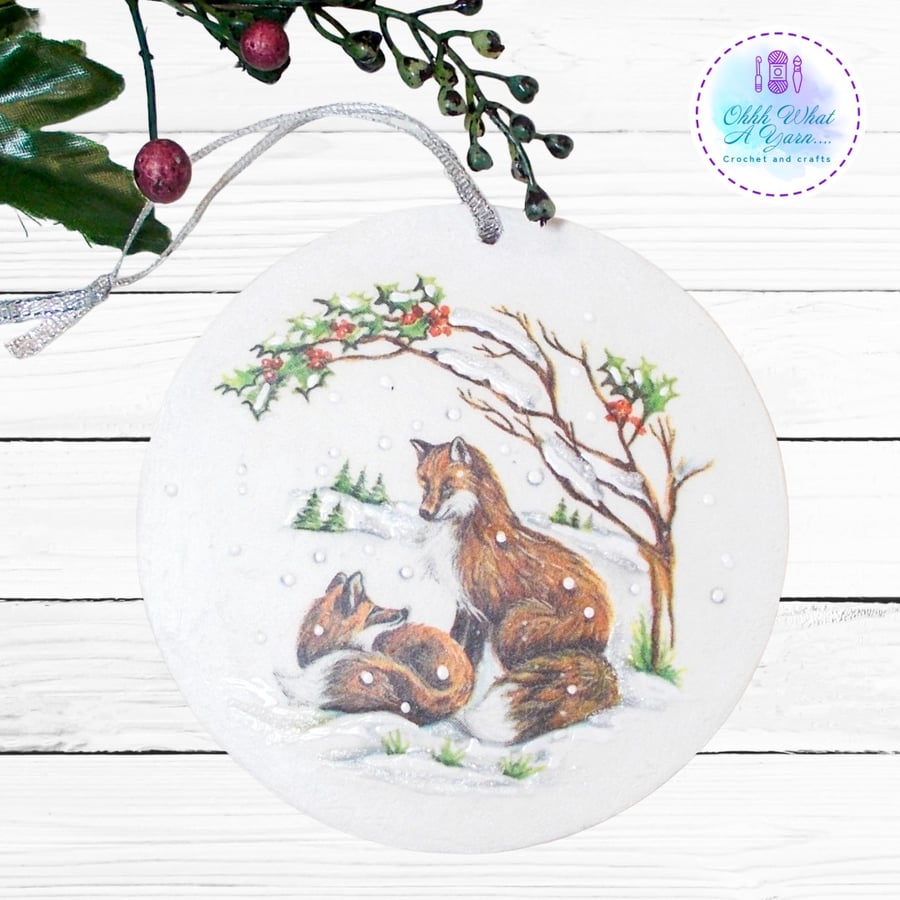 Fox mixed media hanging decoration. Fox ornament. Fox decoration.