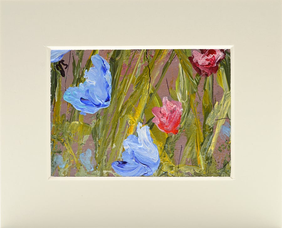 ACEO Original Painting of Blue & Red Flowers
