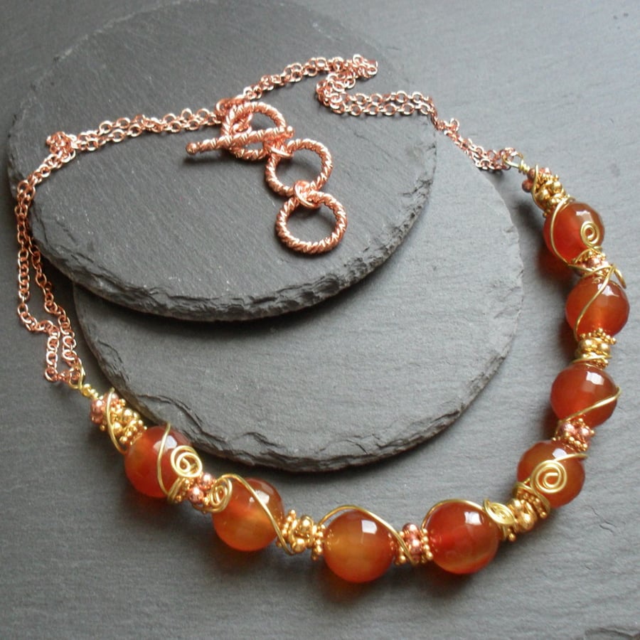 Orange Agate Wire Wrapped Necklace Gold and Rose Gold Plated 