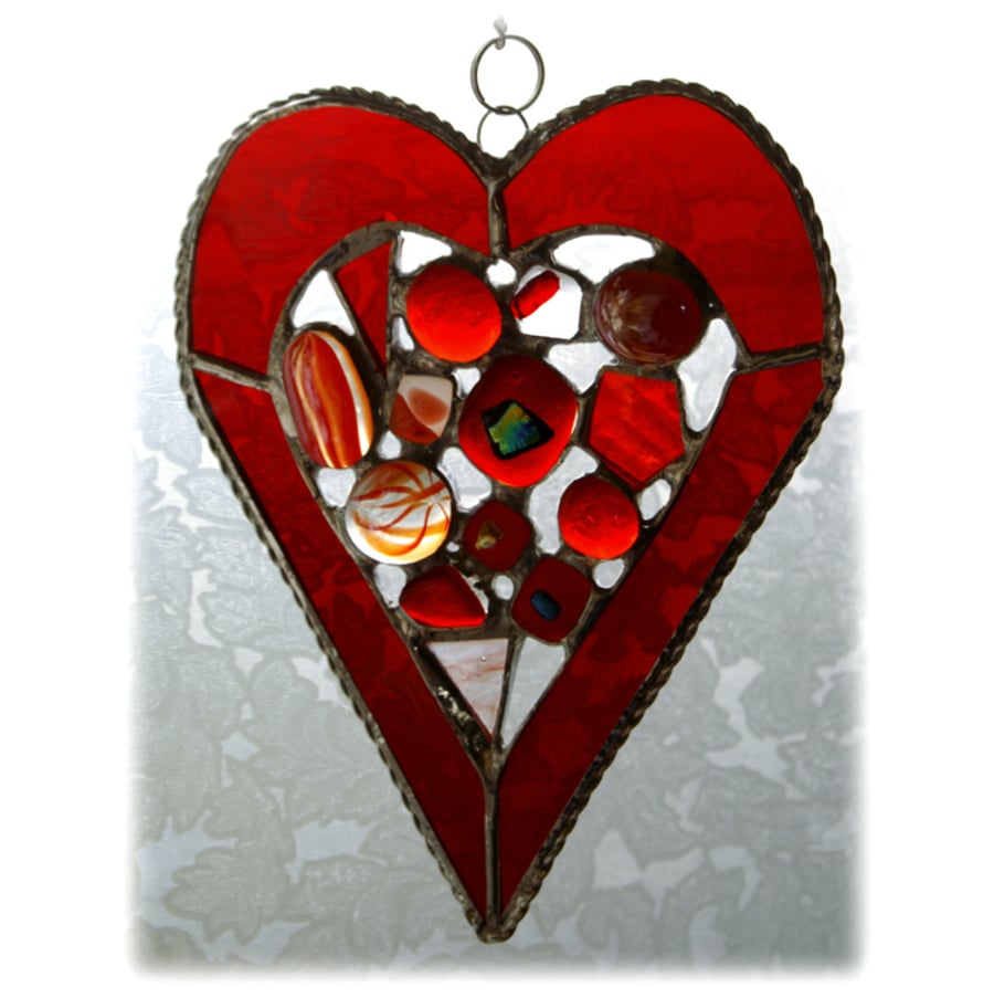 SOLD Heart Abstract Suncatcher Stained Glass Red Pebbles Fused