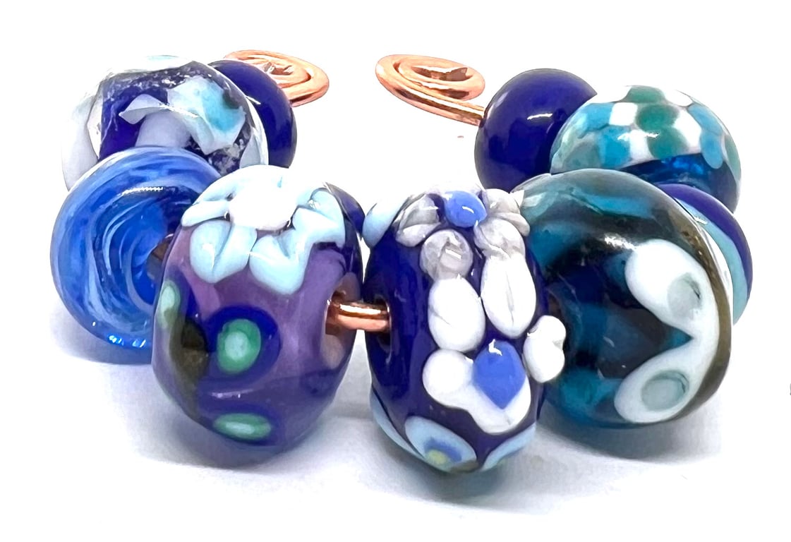 Handmade Lampwork Glass Beads – Cobalt Blue, Violet & Ocean Floral Set of 9