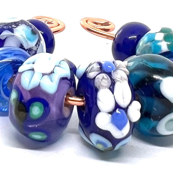 Handmade Lampwork Glass Beads – Cobalt Blue, Violet & Ocean Floral Set of 9