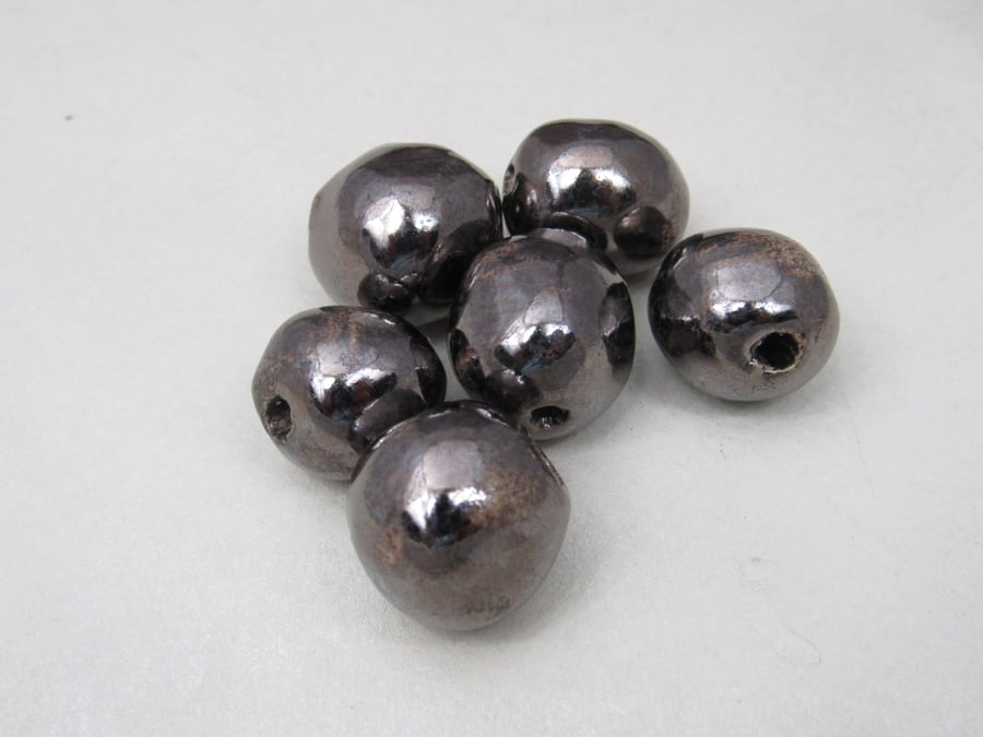 6 Medium Metallic Silver Glazed Clay Beads