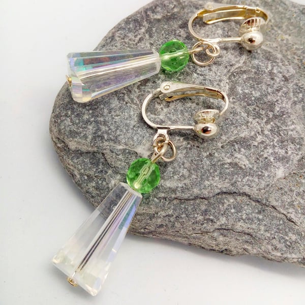 Clip On Earrings Made With Clear Tapered Tube Beads And Green Crystal Beads