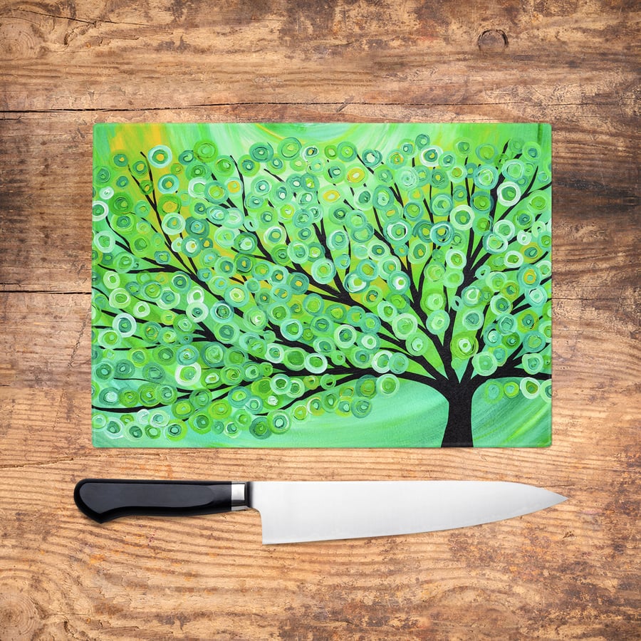 Lime Green Tree Glass Chopping Board - Whimsical Abstract Green Tree Worktop Sav