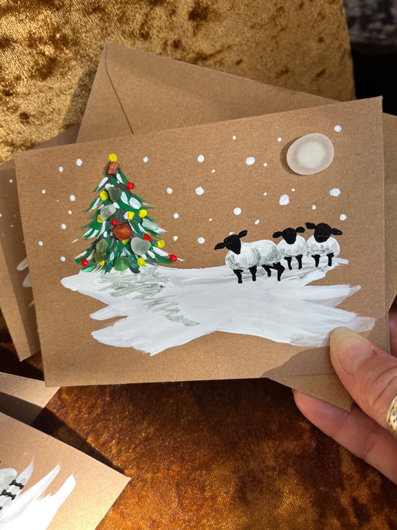 Hand painted Christmas card - sheep, snow and Christmas tree and Seaglass 