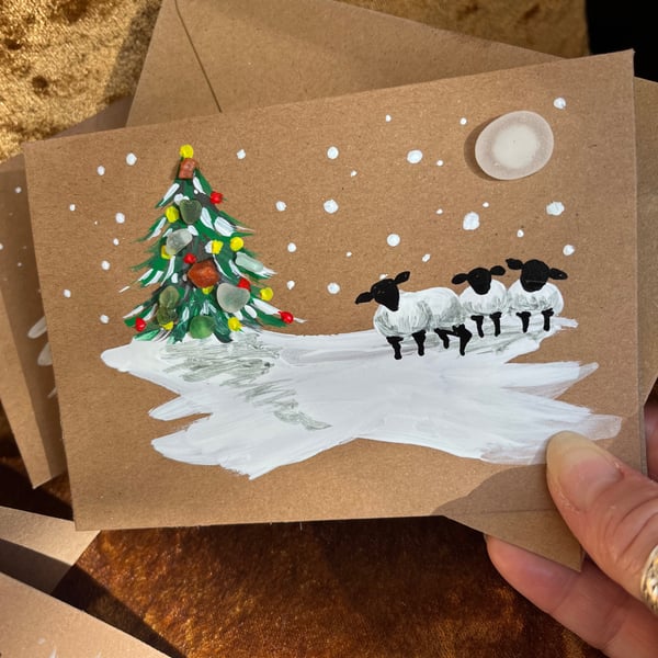 Hand painted Christmas card - sheep, snow and Christmas tree and Seaglass 
