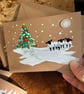 Hand painted Christmas card - sheep, snow and Christmas tree and Seaglass 