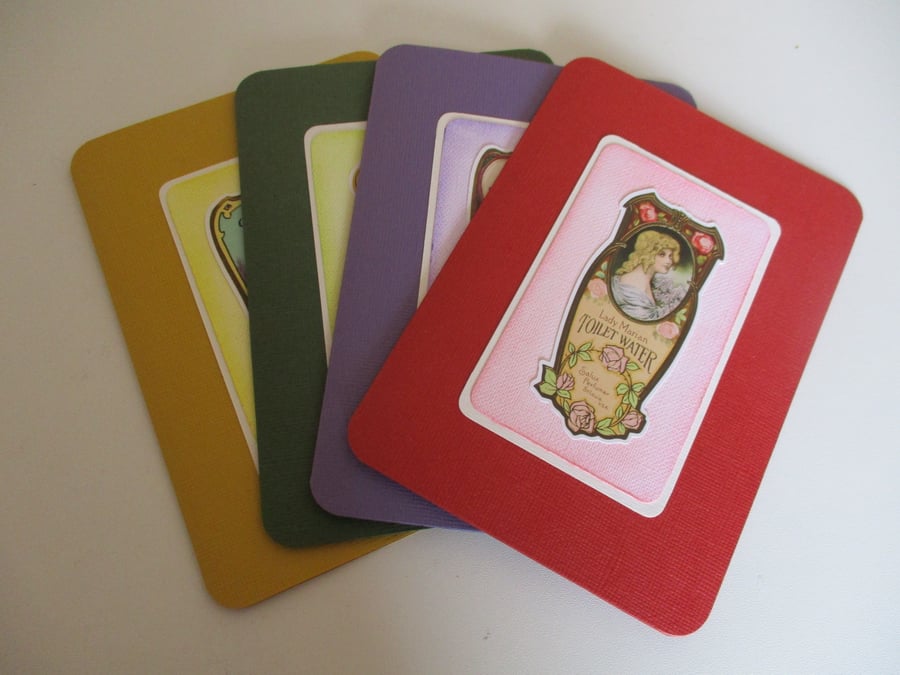 Multicoloured Notecards x 4 - Vintage Style Labels - Blank Cards