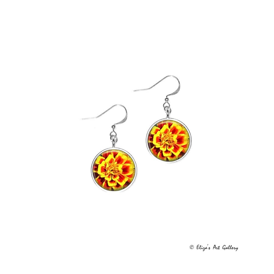 Silver Plated French Marigold Flower Photo Earrings