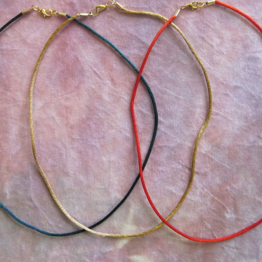 Thong/necklace for pendant - 2mm satin cord - old gold, scarlet, bottle green