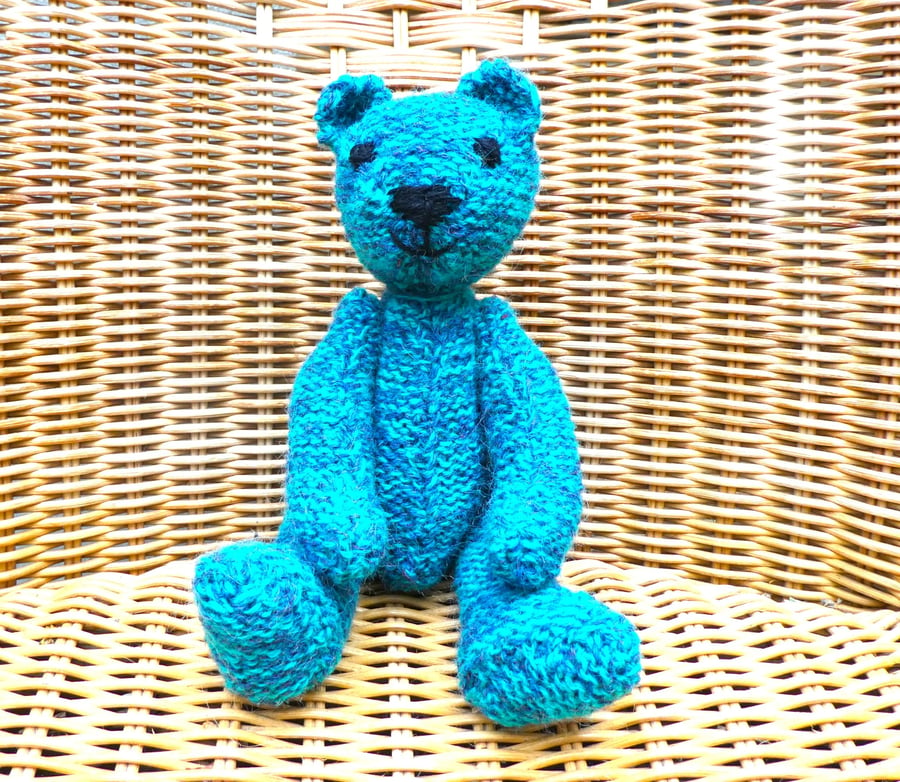 Handmade 8" Turquoise Teal Teddy Bear knitted in 100% Wool