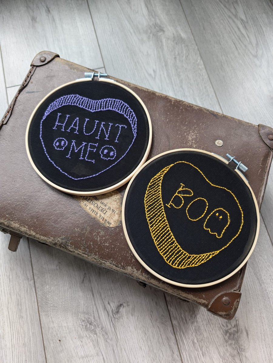 Hand embroidered Halloween candy heart doodle quote, wall art set