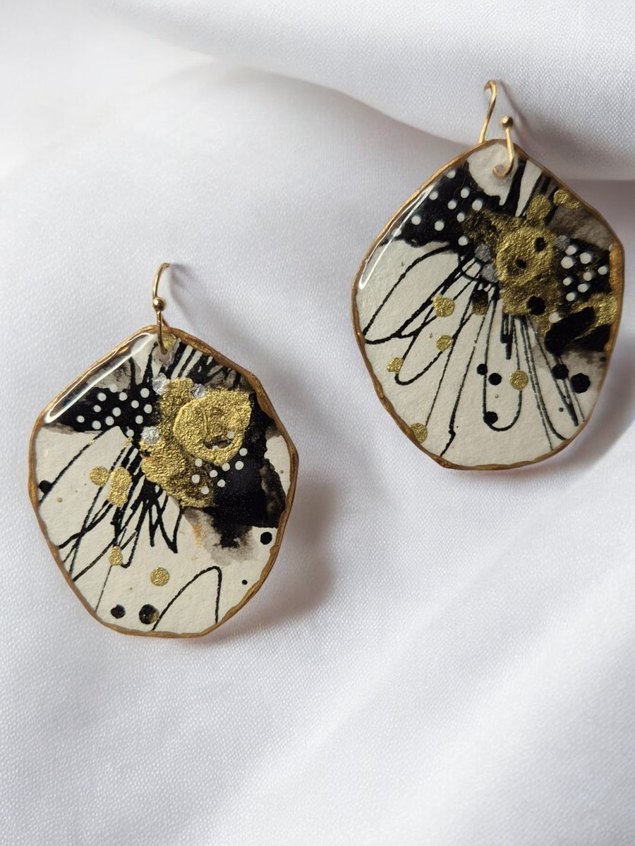 Large Lightweight Black & White Statement Artistic Earrings