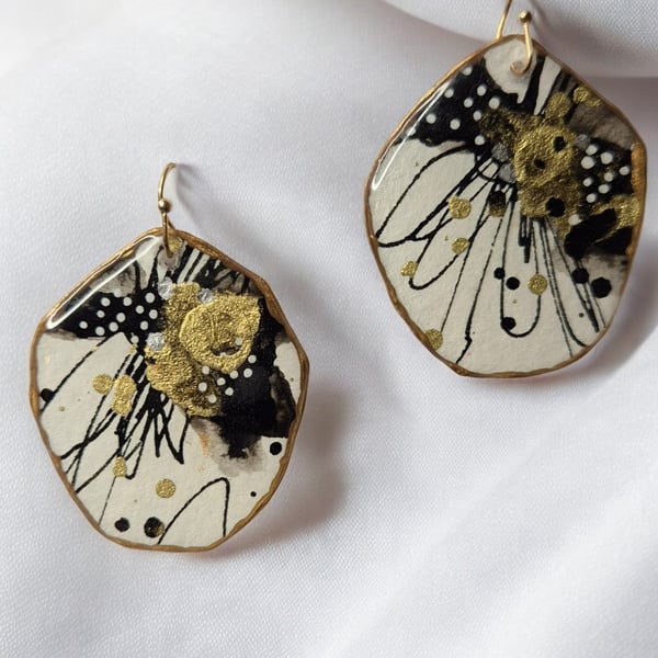 Large Lightweight Black & White Statement Artistic Earrings