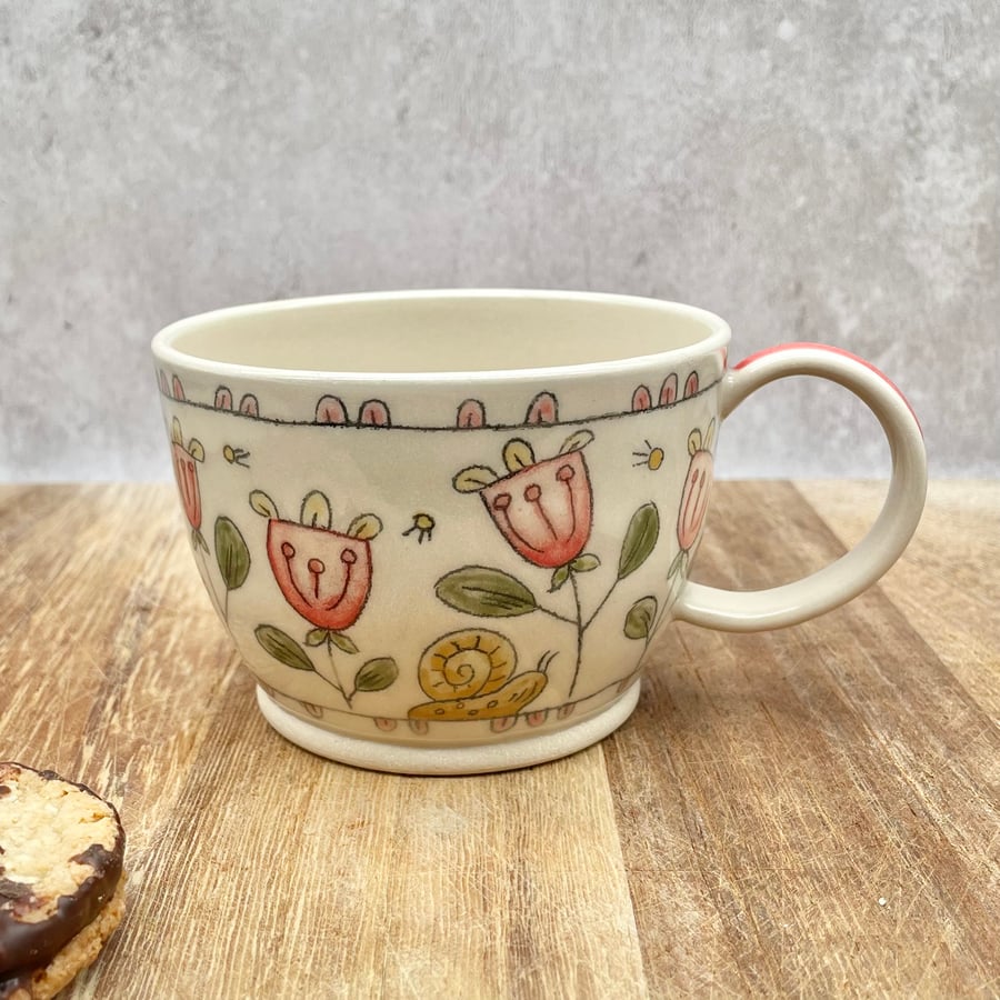 Handmade Pottery Tea Coffee Mug - Pretty Abstract Flowers - M03