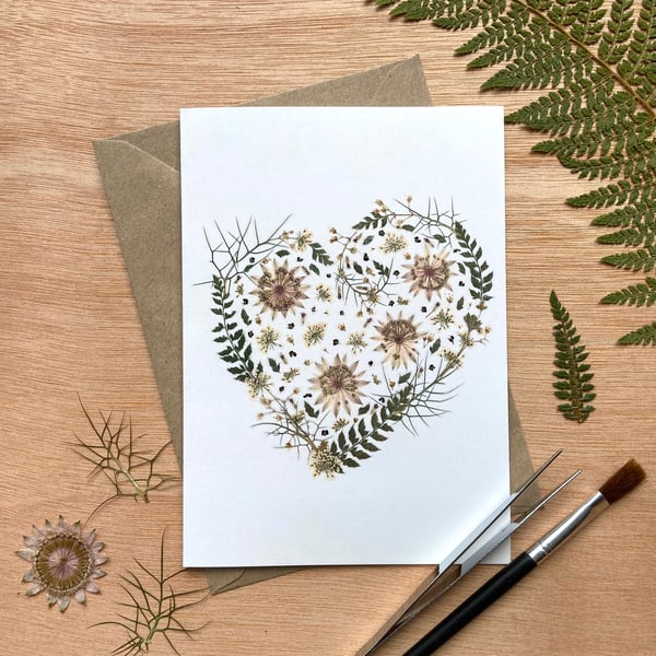 Floral Blooming Love – Printed Pressed Flower Heart Valentines Card