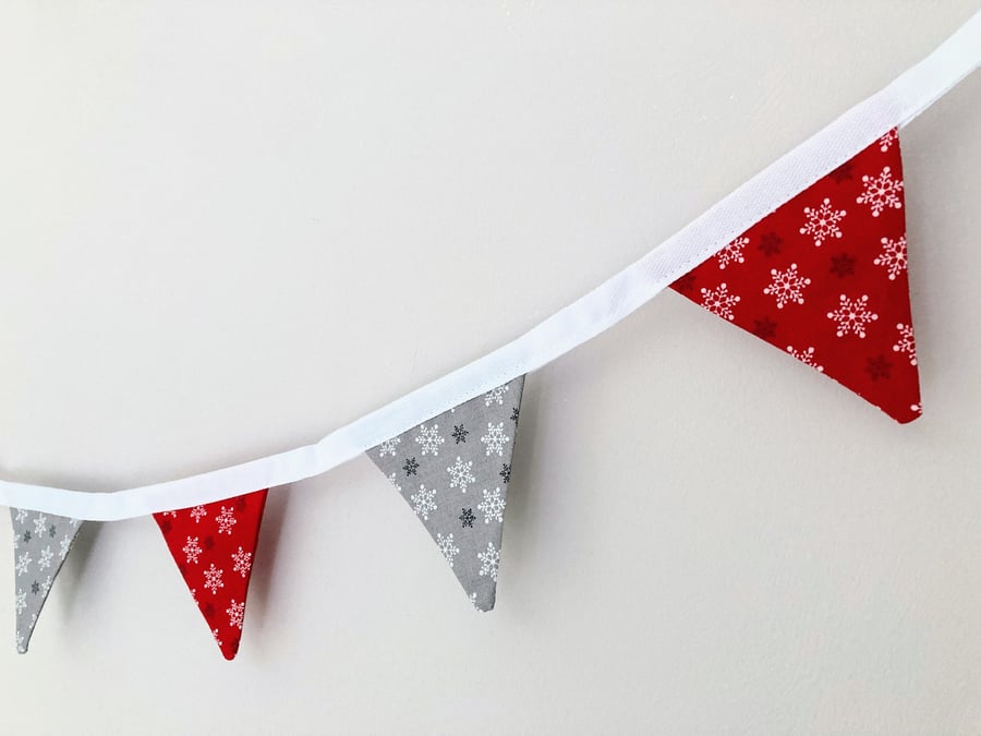 Silver grey and red with white and black snowflakes Christmas mini bunting. 