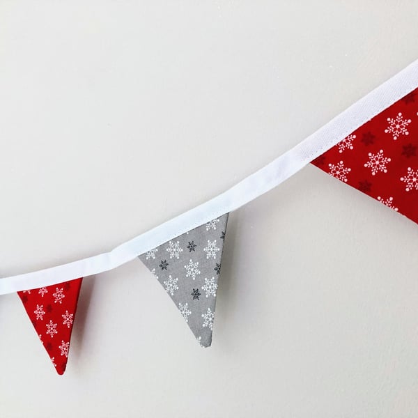 Silver grey and red with white and black snowflakes Christmas mini bunting. 